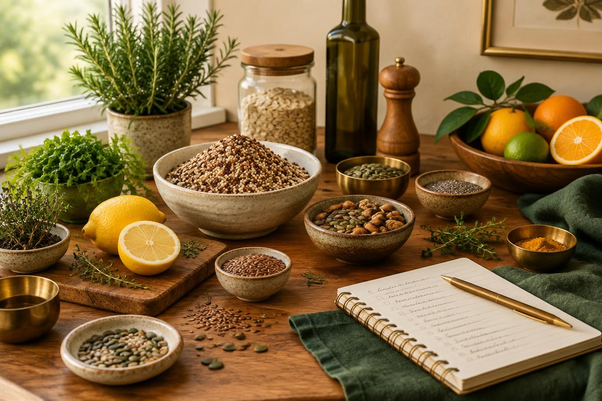 Ingredientes naturais, grãos e caderno de planejamento alimentar